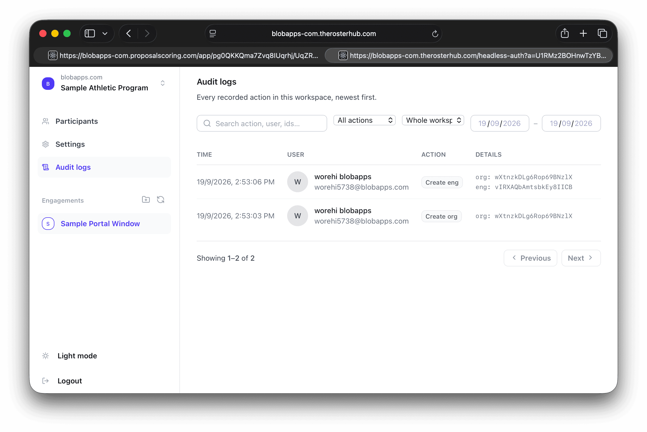 Audit log screen listing every recorded action in the workspace, newest first